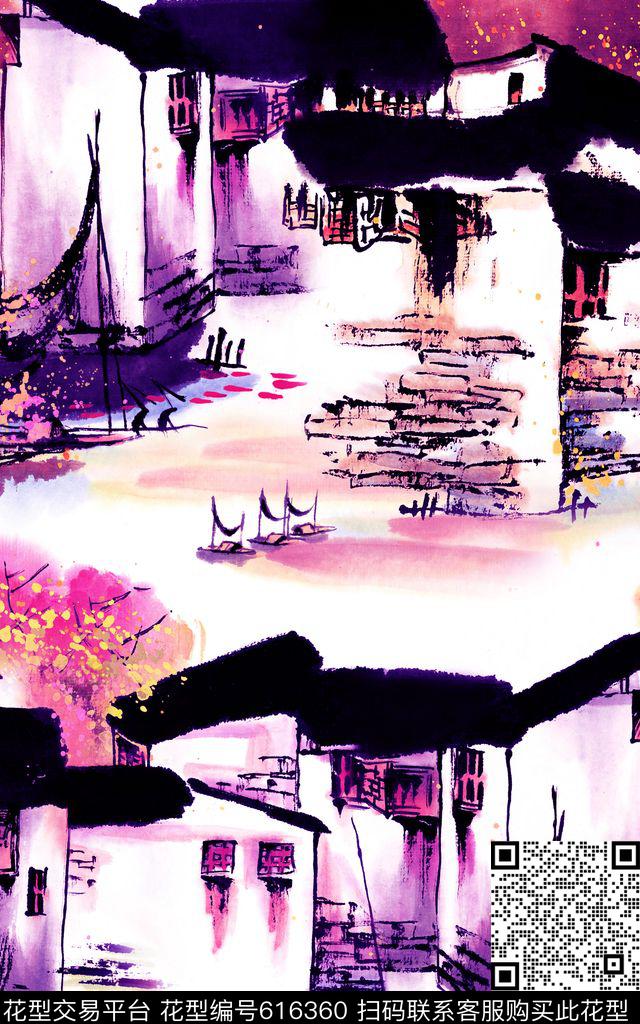 中国风江南水乡古村数码印花华亿平台下载（图片编号: 616360） - 瓦栏（Walan）