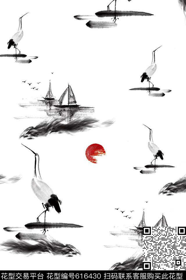 旭日东升水墨意境数码印花华亿平台下载（图片编号: 616430） - 瓦栏（Walan）