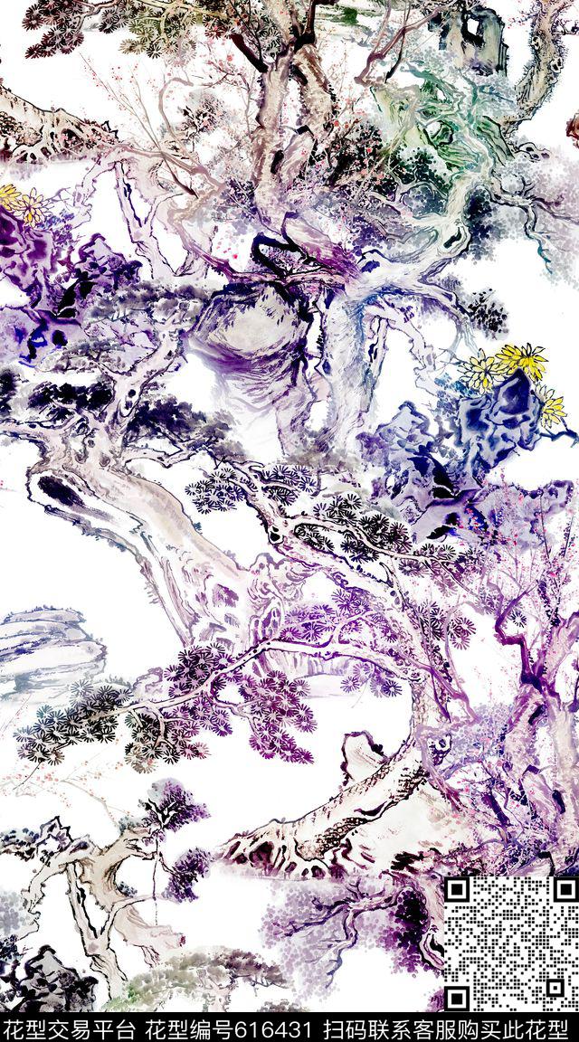 水墨中国风古树数码印花华亿平台下载（图片编号: 616431） - 瓦栏（Walan）