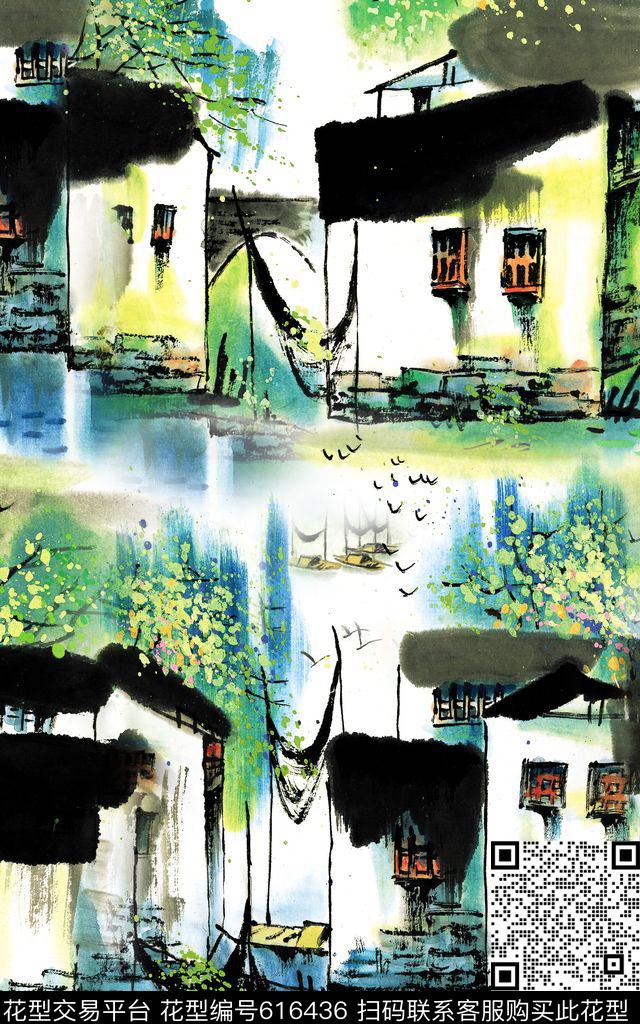 中国风乌镇水乡数码印花华亿平台下载（图片编号: 616436） - 瓦栏（Walan）