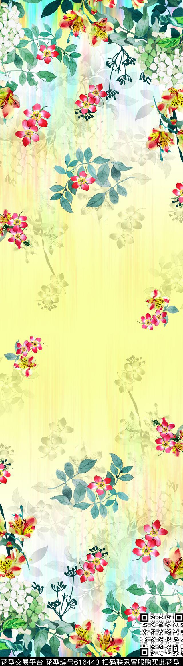 双边定位手绘小花渐变数码印花华亿平台下载（图片编号: 616443） - 瓦栏（Walan）