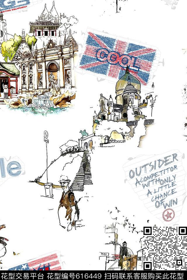 创意欧美休闲建筑数码印花华亿平台下载（图片编号: 616449） - 瓦栏（Walan）