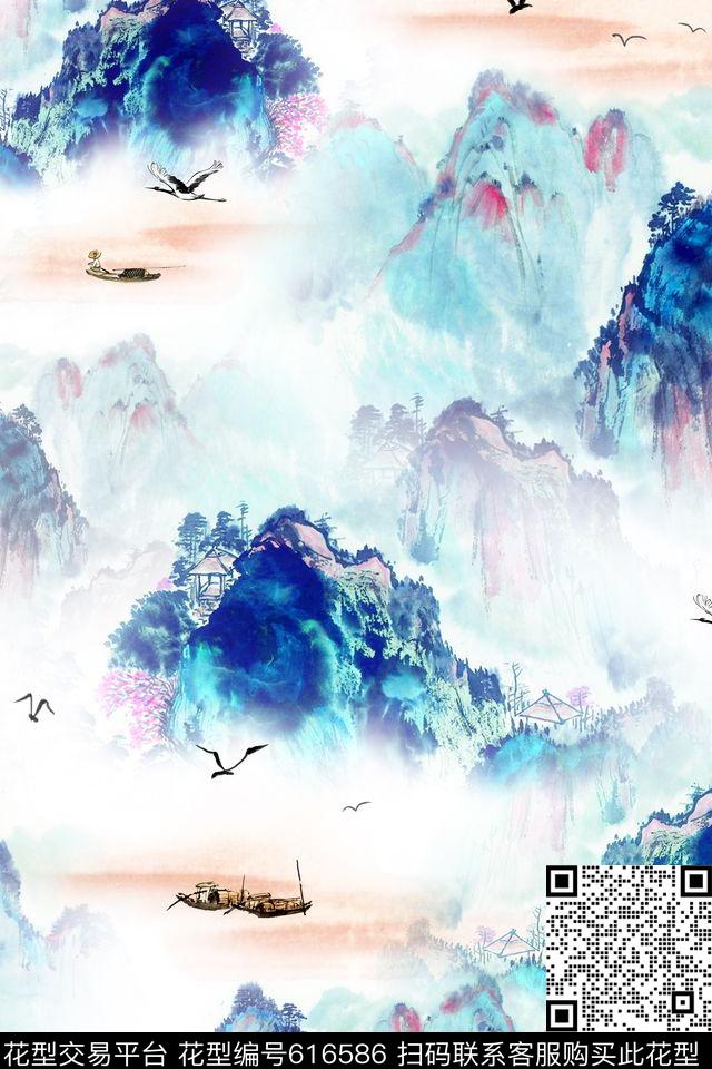 山水画民族风中国风数码印花华亿平台下载（图片编号: 616586） - 瓦栏（Walan）