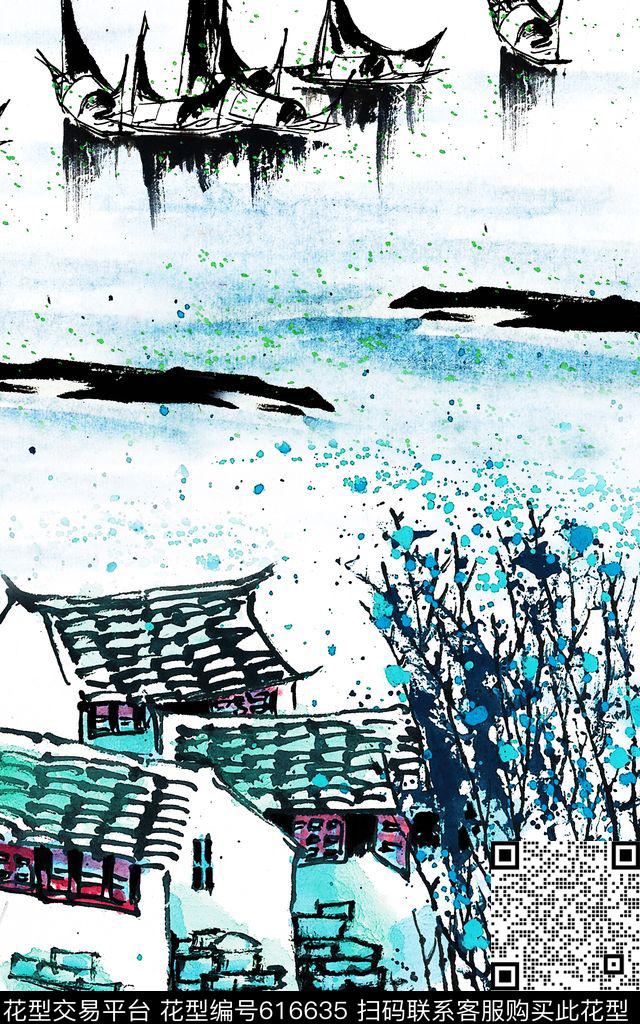 中国风江南水乡古村数码印花华亿平台下载（图片编号: 616635） - 瓦栏（Walan）