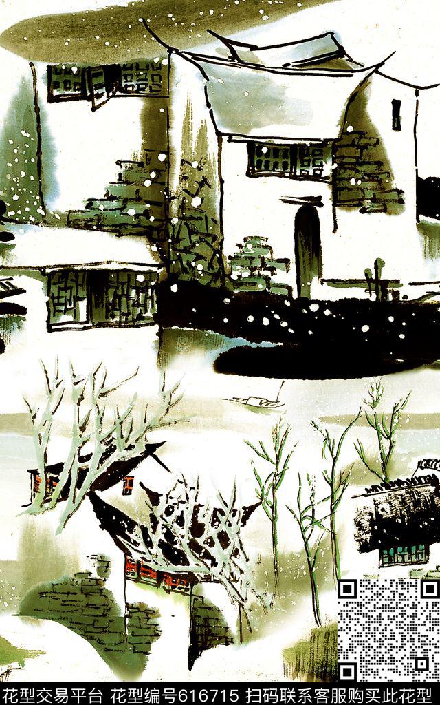 中国风江南水乡古村数码印花华亿平台下载（图片编号: 616715） - 瓦栏（Walan）