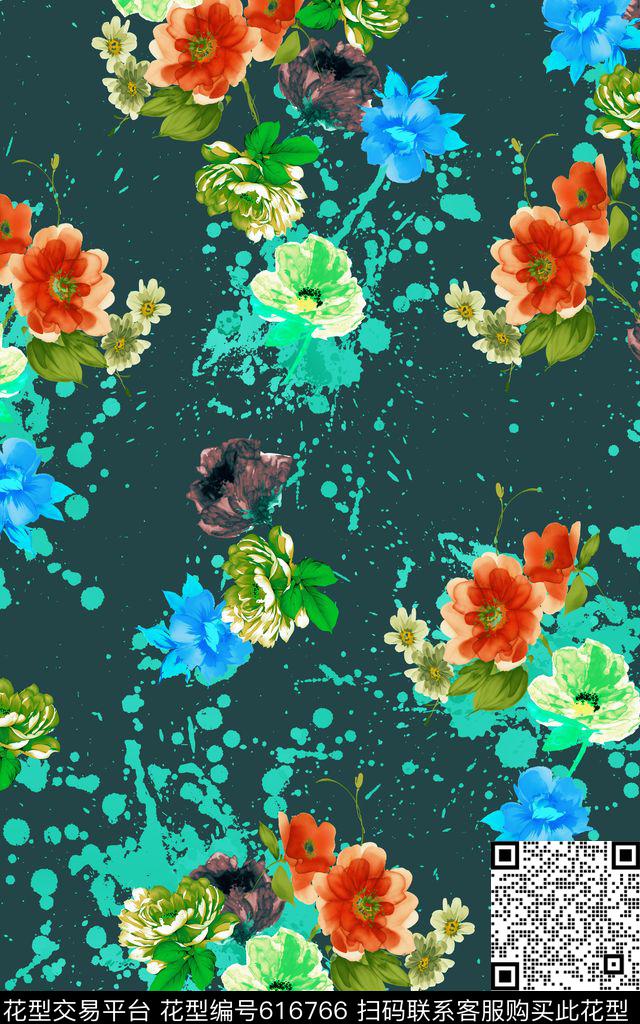 大花花朵波点数码印花华亿平台下载（图片编号: 616766） - 瓦栏（Walan）