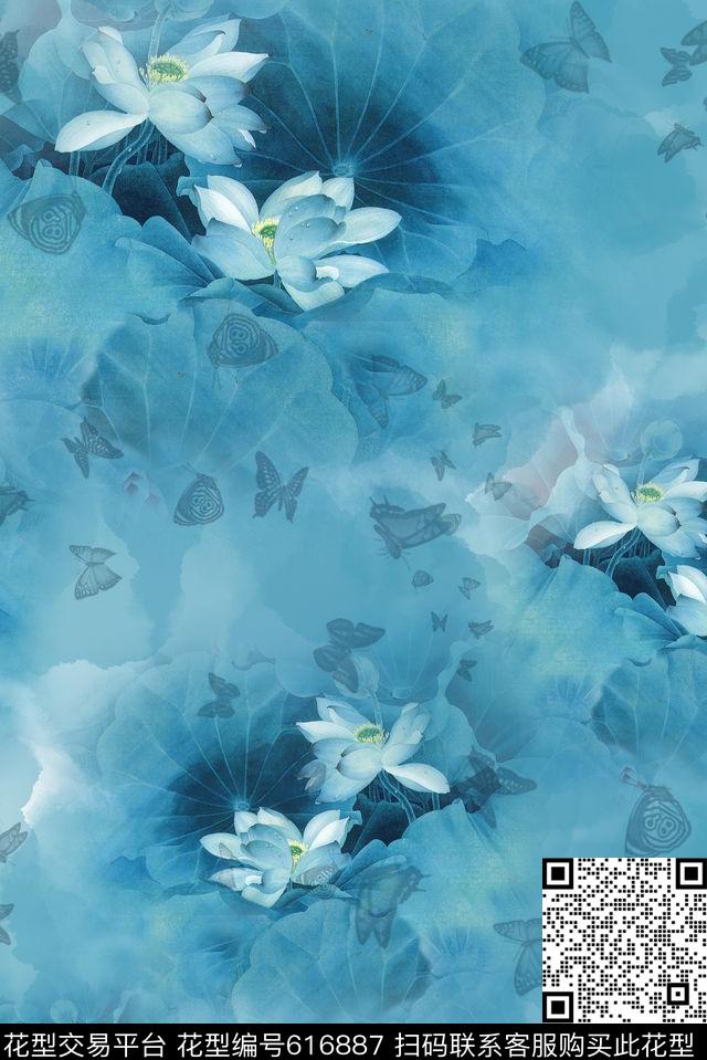 水墨荷花蝴蝶数码印花华亿平台下载（图片编号: 616887） - 瓦栏（Walan）