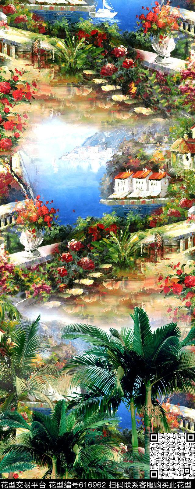 热带油画风景时尚数码印花华亿平台下载（图片编号: 616962） - 瓦栏（Walan）