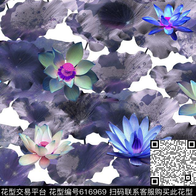 荷花荷叶渐变数码印花华亿平台下载（图片编号: 616969） - 瓦栏（Walan）