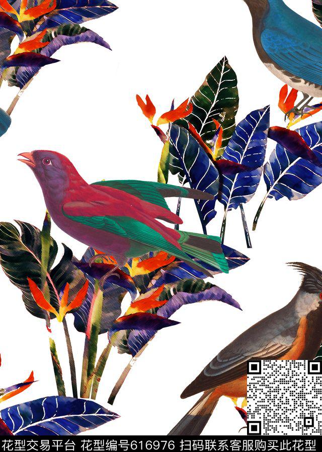 树叶芭蕉鸟数码印花华亿平台下载（图片编号: 616976） - 瓦栏（Walan）