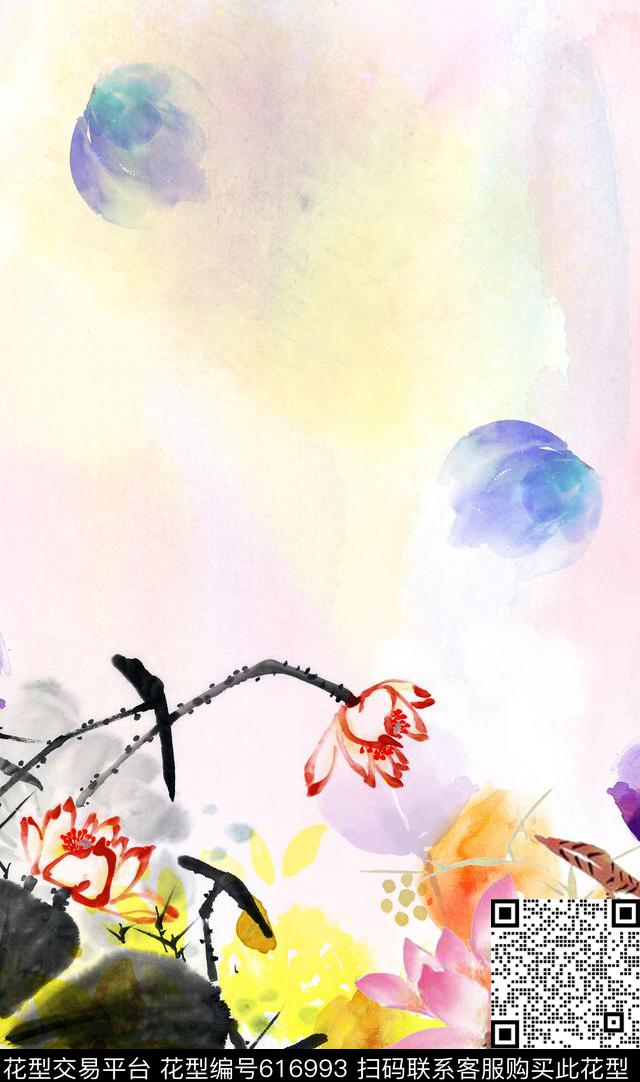 中国风粉色系荷花数码印花华亿平台下载（图片编号: 616993） - 瓦栏（Walan）