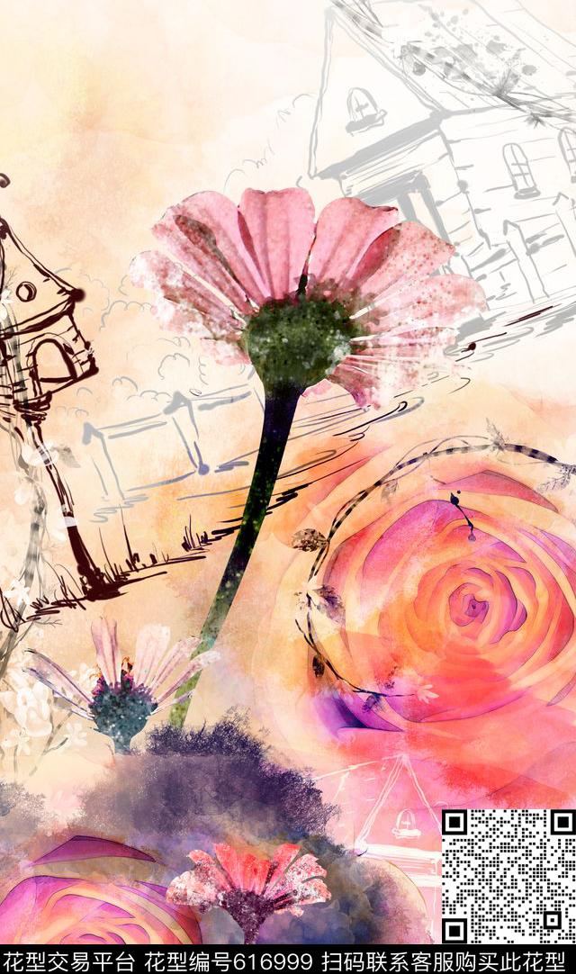 韩系水彩花卉数码印花华亿平台下载（图片编号: 616999） - 瓦栏（Walan）