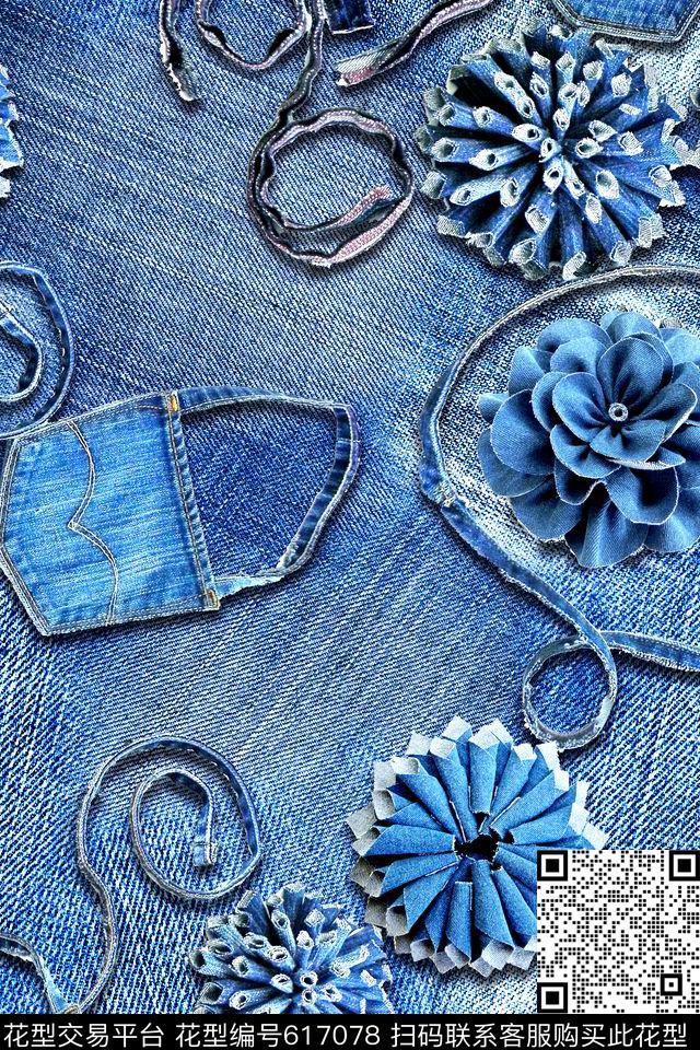 牛仔布花卉细带数码印花华亿平台下载（图片编号: 617078） - 瓦栏（Walan）
