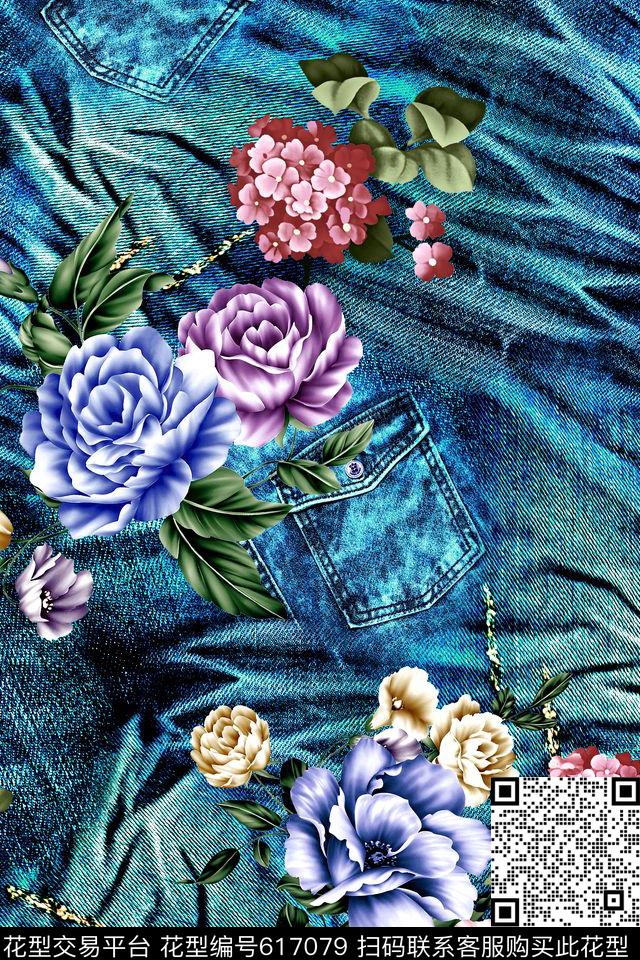 牛仔布花卉口袋数码印花华亿平台下载（图片编号: 617079） - 瓦栏（Walan）