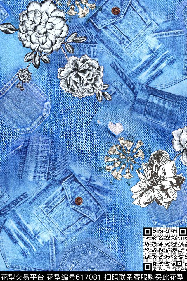 牛仔布口袋花卉数码印花华亿平台下载（图片编号: 617081） - 瓦栏（Walan）