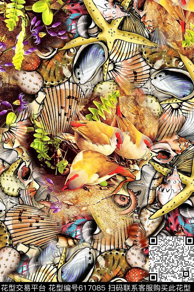 时尚手绘水彩画贝壳鸟海滩时尚欧美大牌女装裙子印花抽象纹理动物印花数码印花华亿平台下载（图片编号: 617085） - 瓦栏（Walan）