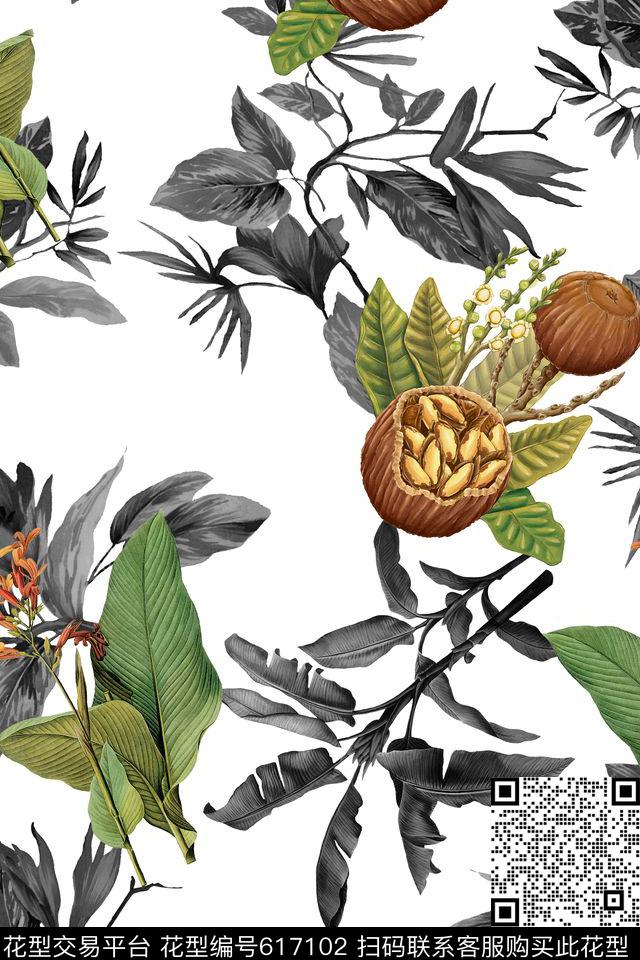树叶黑白果实数码印花华亿平台下载（图片编号: 617102） - 瓦栏（Walan）