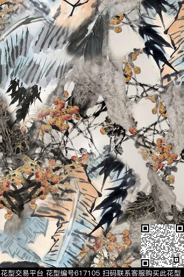 国画叶子绘画数码印花华亿平台下载（图片编号: 617105） - 瓦栏（Walan）