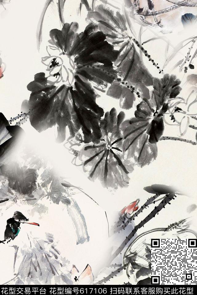 水墨荷花国画绘画数码印花华亿平台下载（图片编号: 617106） - 瓦栏（Walan）