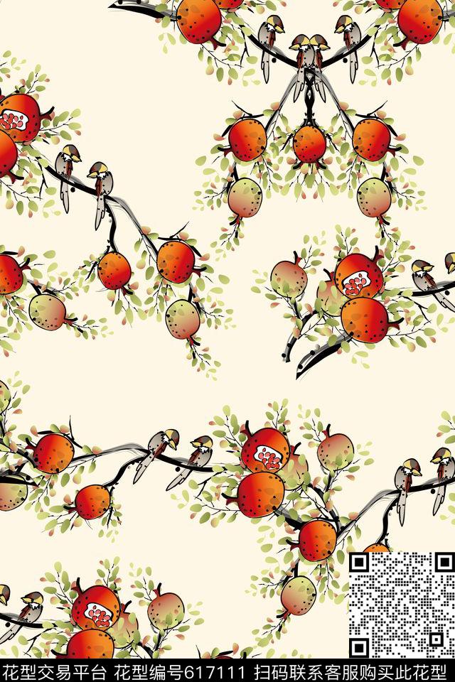 水墨荔枝鸟婴童T恤数码印花华亿平台下载（图片编号: 617111） - 瓦栏（Walan）