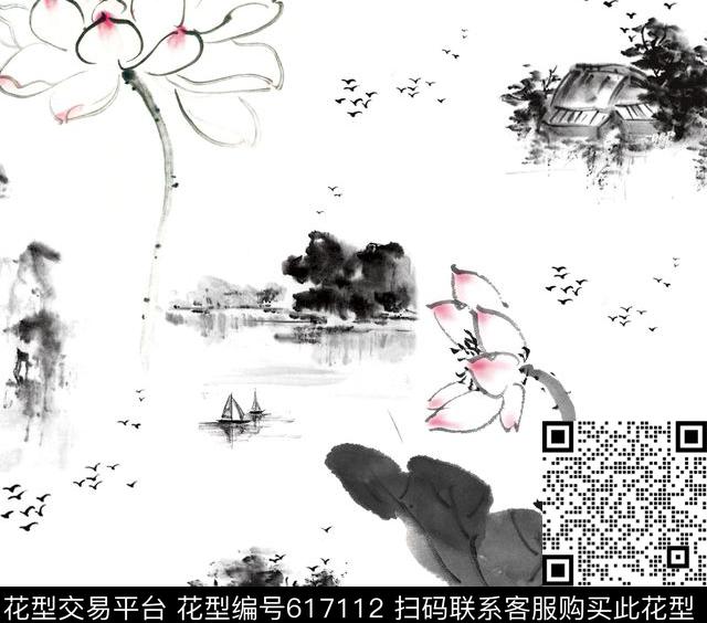 荷花山水小船数码印花华亿平台下载（图片编号: 617112） - 瓦栏（Walan）