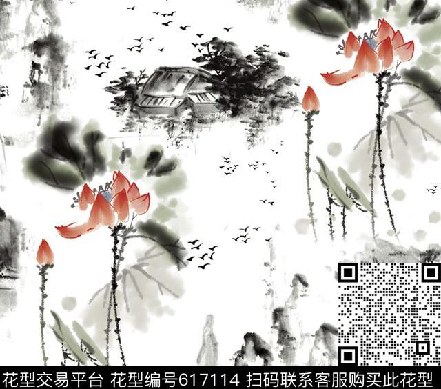 荷花山水中国风数码印花华亿平台下载（图片编号: 617114） - 瓦栏（Walan）