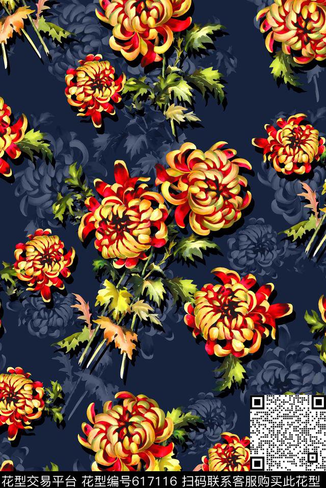 水彩花菊花女装裙数码印花华亿平台下载（图片编号: 617116） - 瓦栏（Walan）