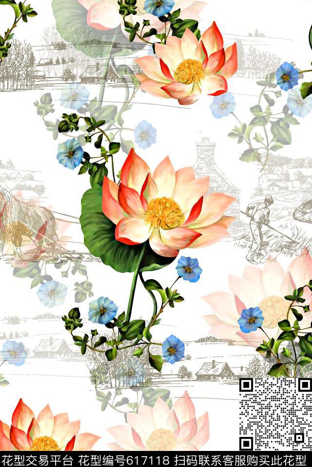 荷花水彩花女装裙数码印花华亿平台下载（图片编号: 617118） - 瓦栏（Walan）