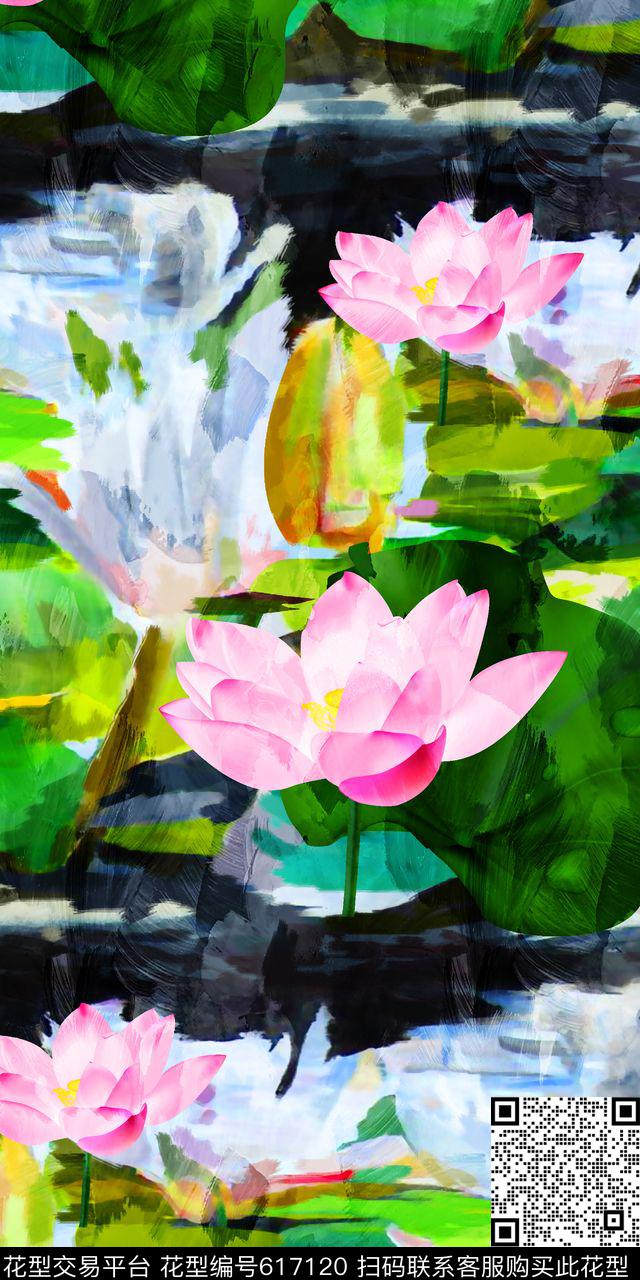 抽象几何清爽梦幻艺术平底立体手绘满版最新高清数码蕾丝民族中国风绣花珠宝肌理时尚潮

流大牌复古欧美风荷花手绘油画数码印花华亿平台下载（图片编号: 617120） - 瓦栏（Walan）