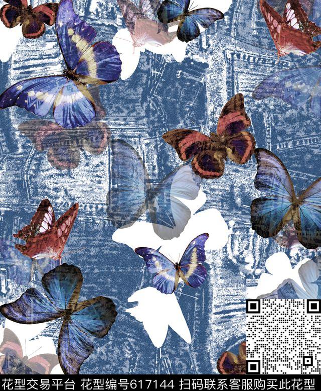 牛仔纹理蝴蝶抽象几何清爽梦幻艺术平底立体手绘满版最新高清数码蕾丝民族中国风绣花珠宝肌理时尚潮

流大牌复古欧美风数码印花华亿平台下载（图片编号: 617144） - 瓦栏（Walan）
