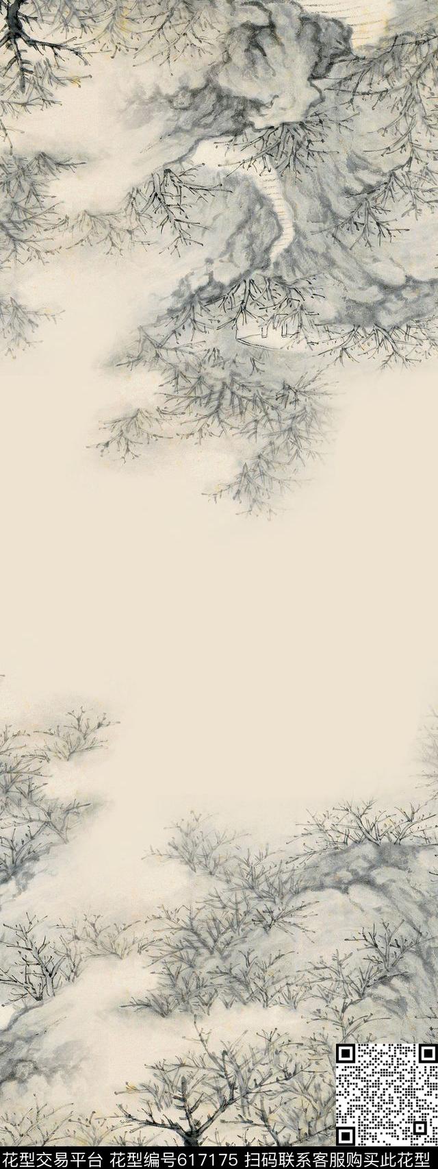 双边定位水墨树数码印花华亿平台下载（图片编号: 617175） - 瓦栏（Walan）