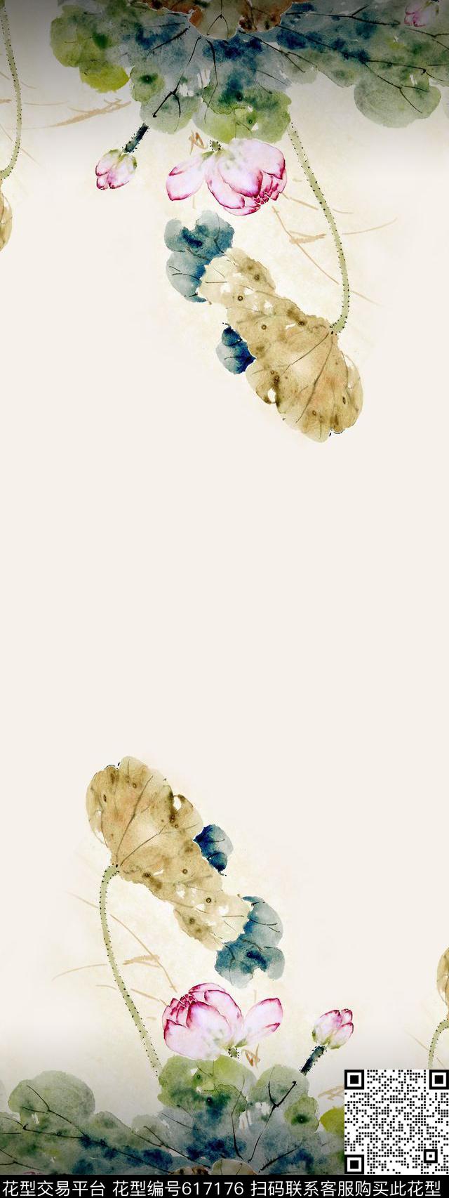 双边定位手绘荷花。旗袍数码印花华亿平台下载（图片编号: 617176） - 瓦栏（Walan）