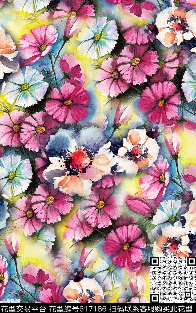 时尚手绘水彩画花卉印花抽象时尚大牌欧美女装印花时尚抽象设计风数码印花华亿平台下载（图片编号: 617186） - 瓦栏（Walan）