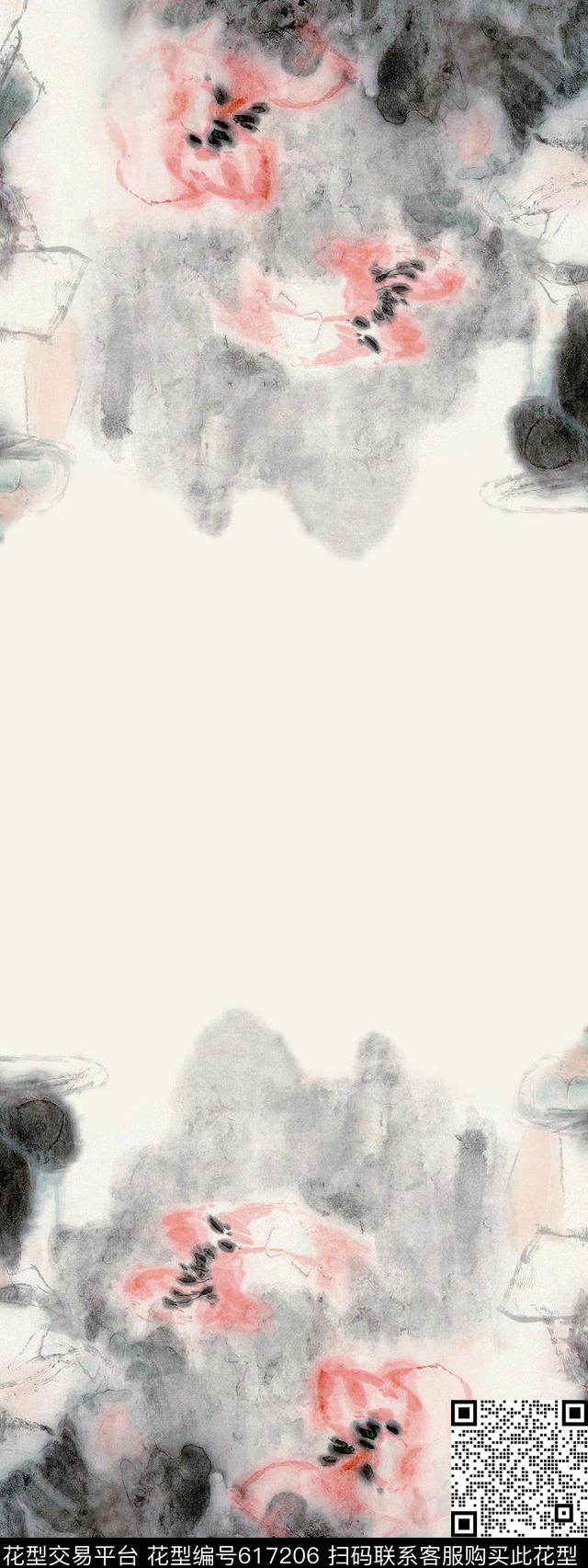 双边定位水墨花古典美女。数码印花华亿平台下载（图片编号: 617206） - 瓦栏（Walan）