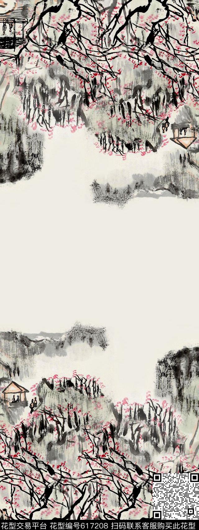 双边定位水墨凉亭数码印花华亿平台下载（图片编号: 617208） - 瓦栏（Walan）