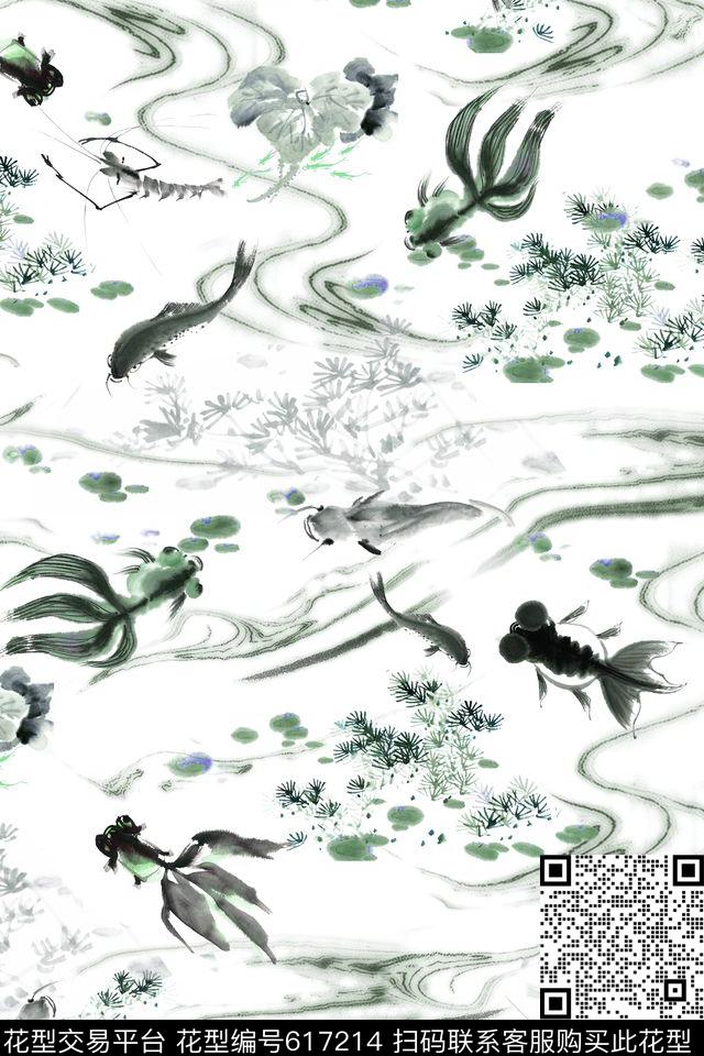 中国风手绘水墨数码印花华亿平台下载（图片编号: 617214） - 瓦栏（Walan）