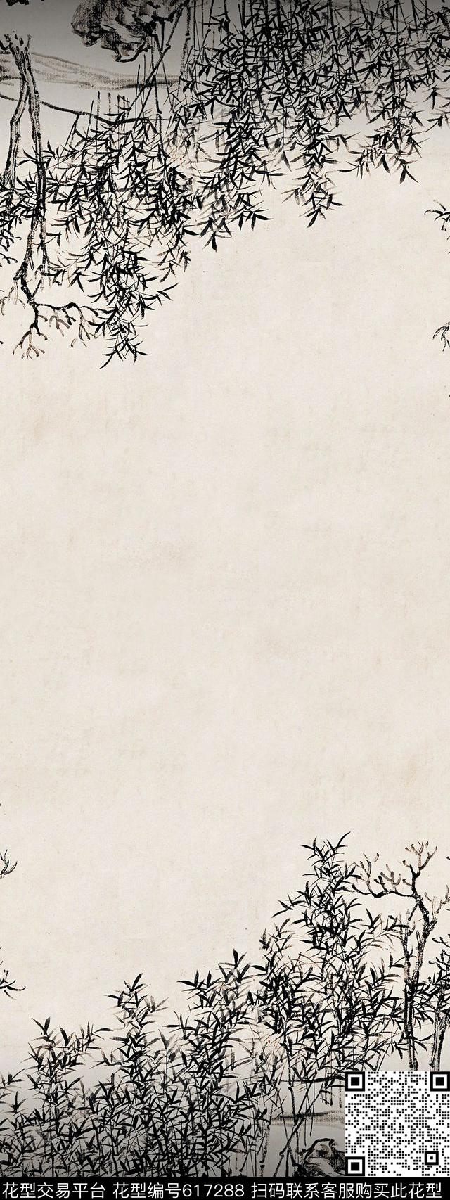 双边定位水墨树数码印花华亿平台下载（图片编号: 617288） - 瓦栏（Walan）