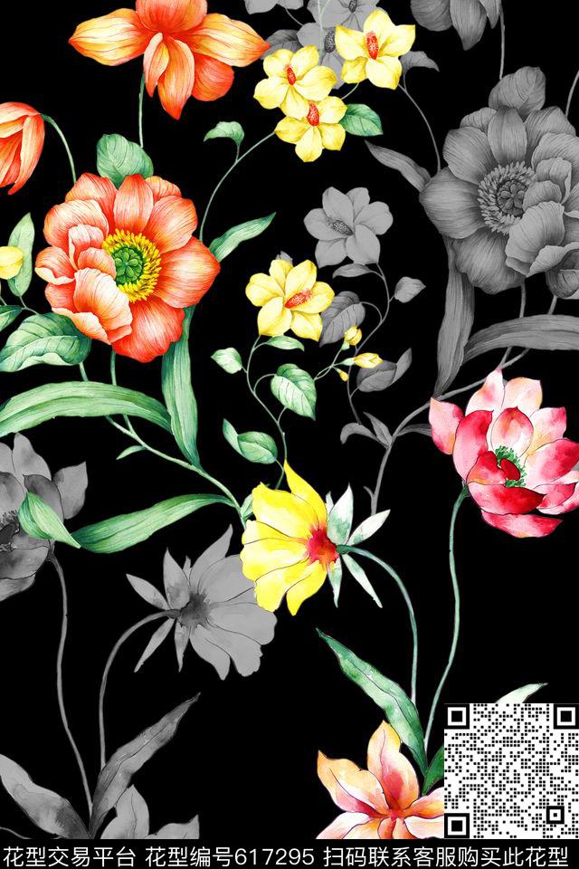 家纺女装手绘花卉数码印花华亿平台下载（图片编号: 617295） - 瓦栏（Walan）