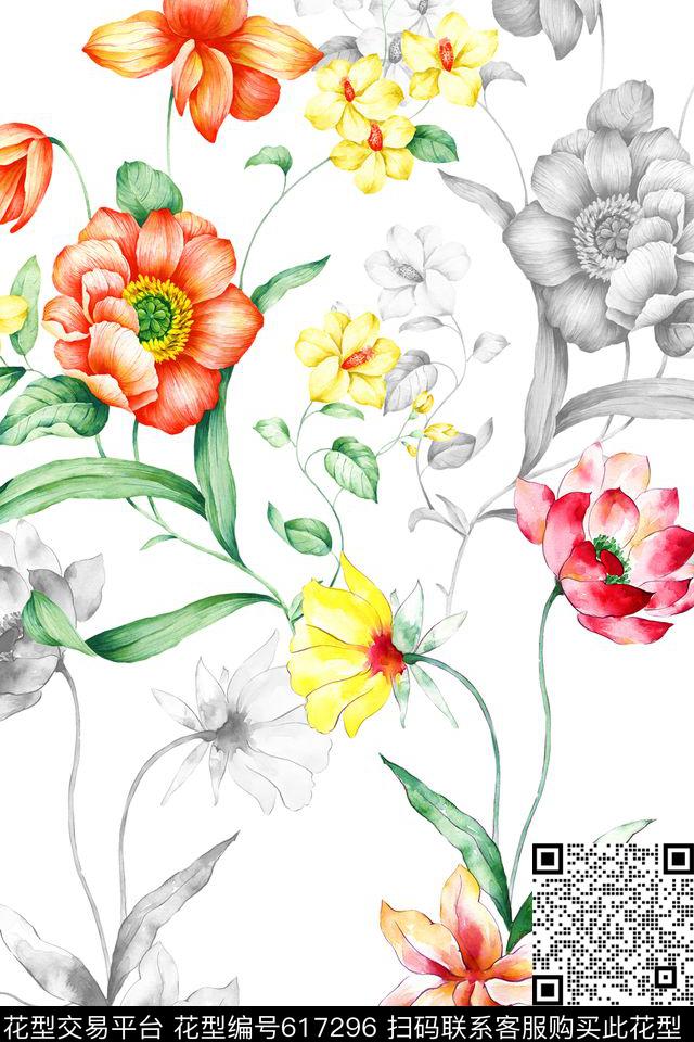 家纺女装手绘花卉数码印花华亿平台下载（图片编号: 617296） - 瓦栏（Walan）