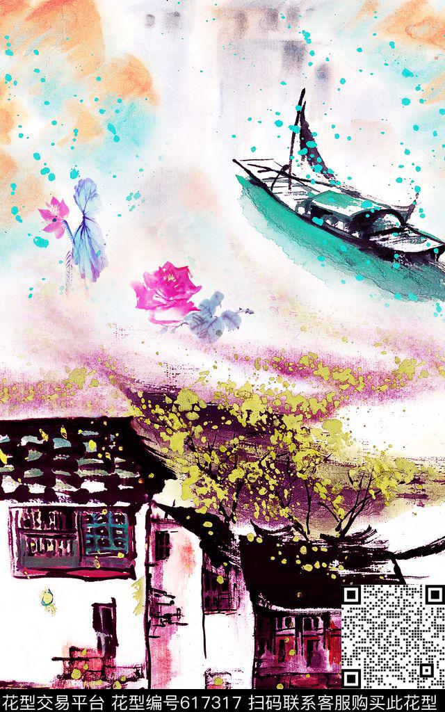 中国风江南水乡古村数码印花华亿平台下载（图片编号: 617317） - 瓦栏（Walan）