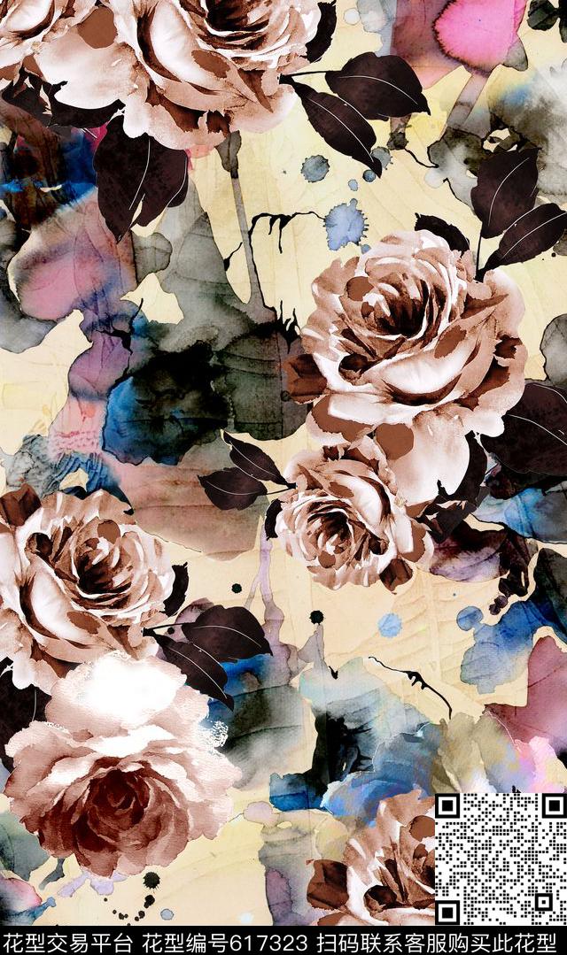 抽象写意花卉花卉水墨花卉数码印花华亿平台下载（图片编号: 617323） - 瓦栏（Walan）