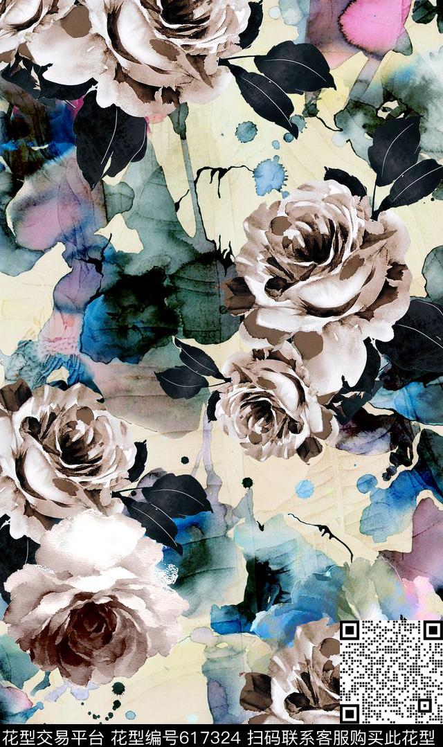 抽象写意花卉花卉水墨花卉数码印花华亿平台下载（图片编号: 617324） - 瓦栏（Walan）