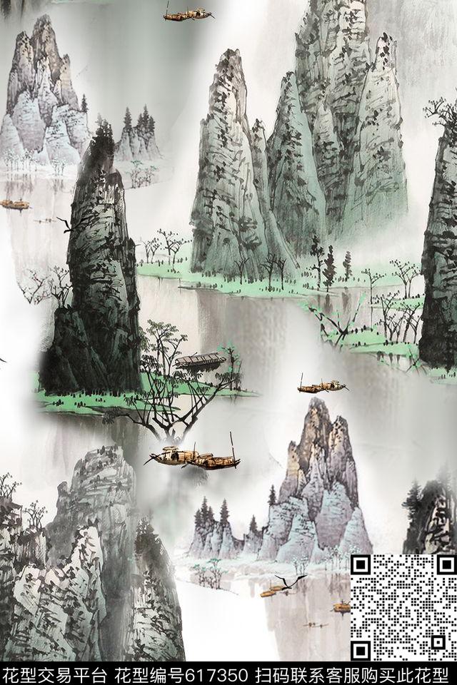 山水画民族风中国风数码印花华亿平台下载（图片编号: 617350） - 瓦栏（Walan）