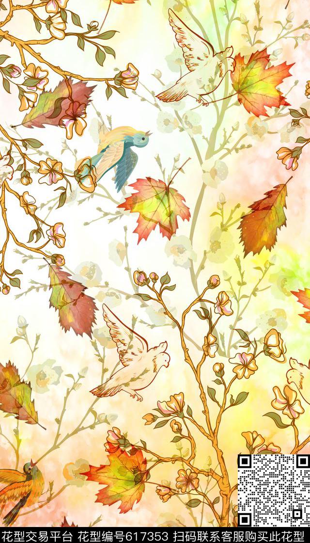 花卉时尚清新花枝数码印花华亿平台下载（图片编号: 617353） - 瓦栏（Walan）