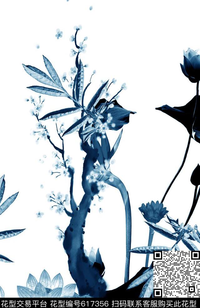 定位蓝色水墨数码印花华亿平台下载（图片编号: 617356） - 瓦栏（Walan）