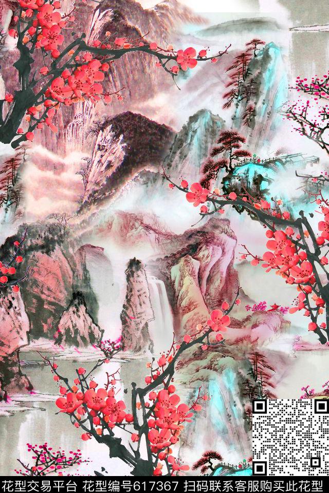 水墨中国风国画山水梅花数码印花华亿平台下载（图片编号: 617367） - 瓦栏（Walan）
