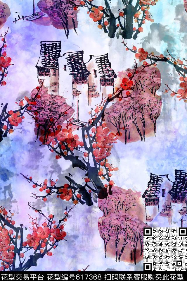 水墨中国风江南水乡乌镇数码印花华亿平台下载（图片编号: 617368） - 瓦栏（Walan）