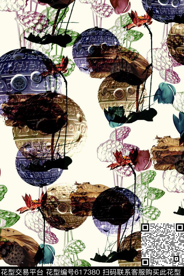 彩色水墨荷花数码印花华亿平台下载（图片编号: 617380） - 瓦栏（Walan）