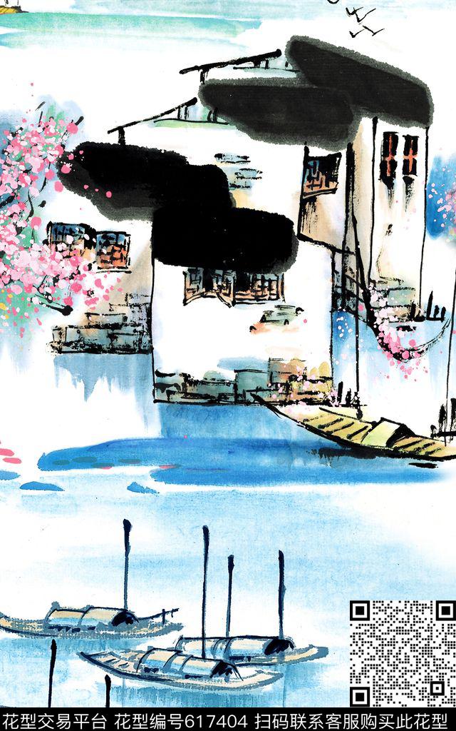 中国风江南水乡古村数码印花华亿平台下载（图片编号: 617404） - 瓦栏（Walan）