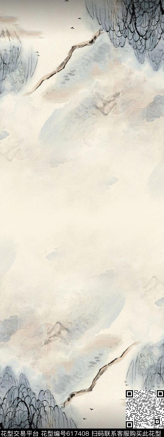 旗袍双边定位水墨风景数码印花华亿平台下载（图片编号: 617408） - 瓦栏（Walan）